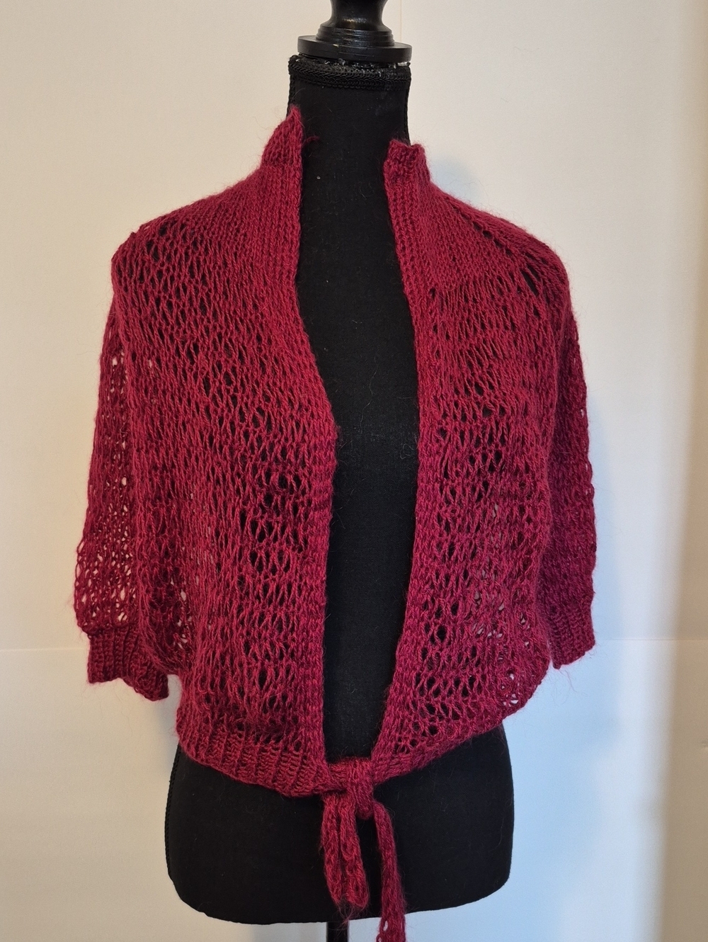 Open-Knit Tie-Front Women's Sweater Cardigan in Burgundy - Picture 2 of 6